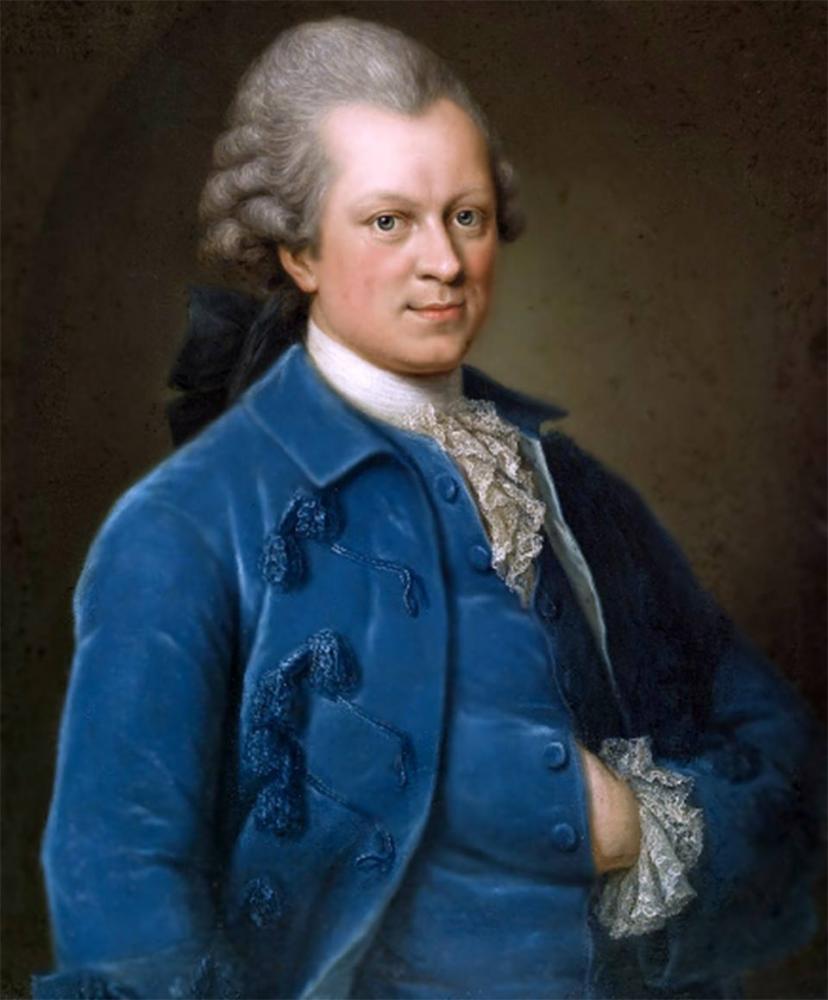 Painting of a man in semi-profile wearing a blue suit and a frilled shirt, with one hand inside his waistcoat
