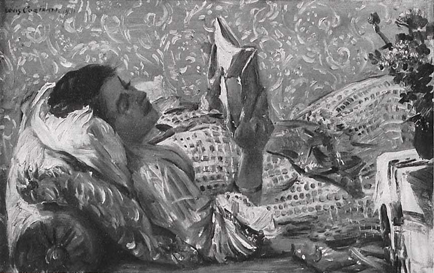 Black-and-white version of a painting of a woman lying on a sofa reading