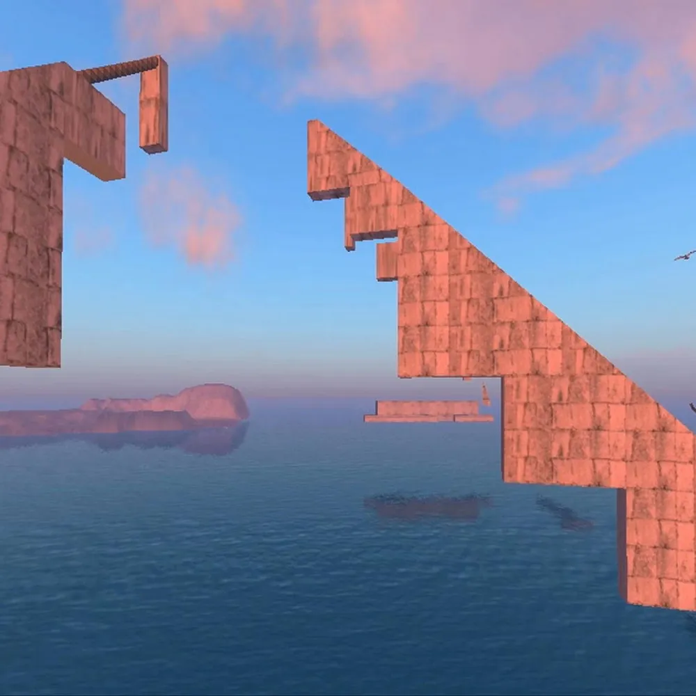 The picture shows a work of art by Mary Flanagan depicting floating walls in front of a blue sky over a blue sea.