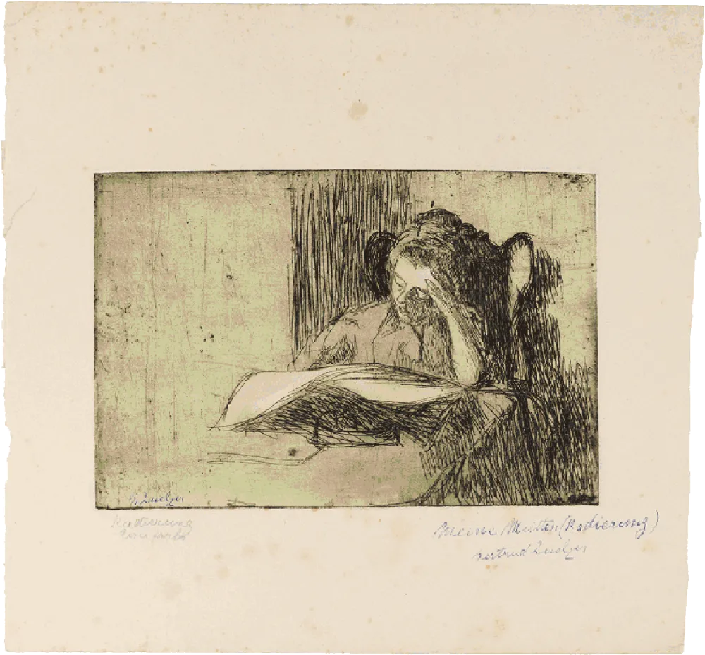 Black and white drawing of a woman reading.