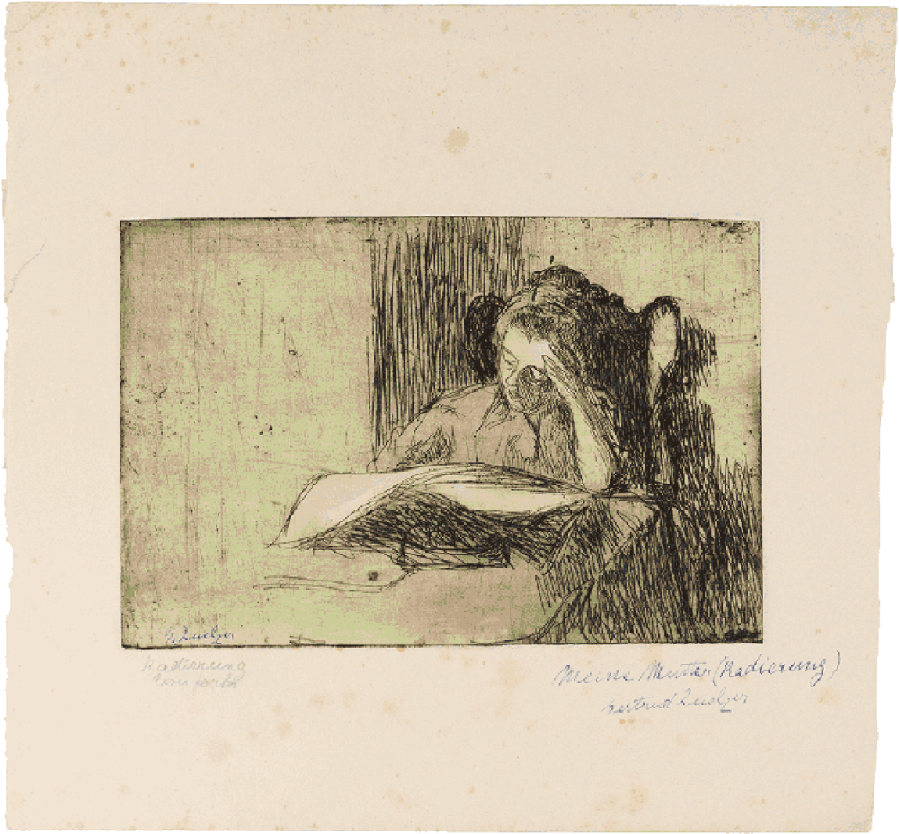 Black and white drawing of a woman reading.