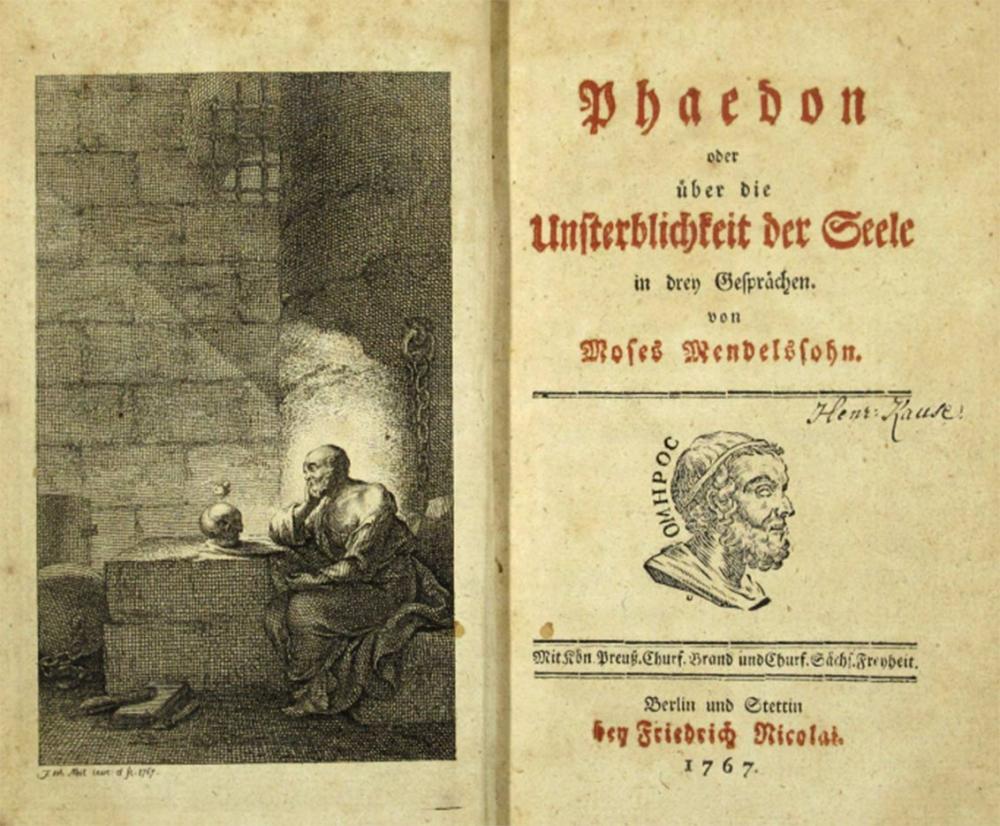 Aufgeschlagenes Buch mit Titelei und einer Zeichnung von Sokrates, der im Kerker sitzt und einen Totenschädel betrachtet