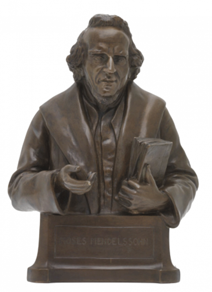Head and torso as an extended bust on a pedestal; Mendelssohn’s right hand is gesturing as if during speech; he is holding books under his left arm