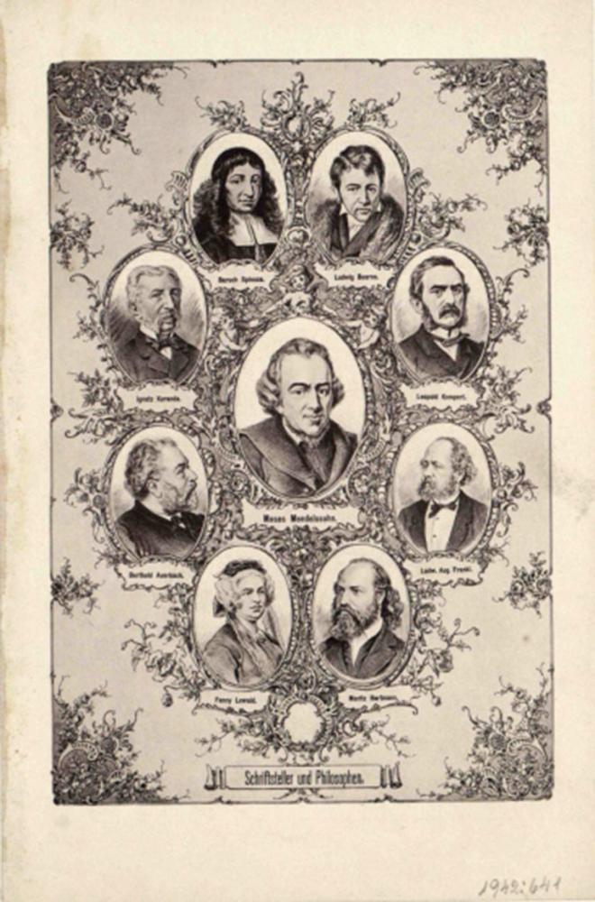Mendelssohn surrounded by a circle of Baruch Spinoza, Ludwig Boerne, Leopold Kompert, Ludwig August Frankl, Moritz Hartmann, Fanny Lewald, Berthold Auerbach and Ignatz Kuranda