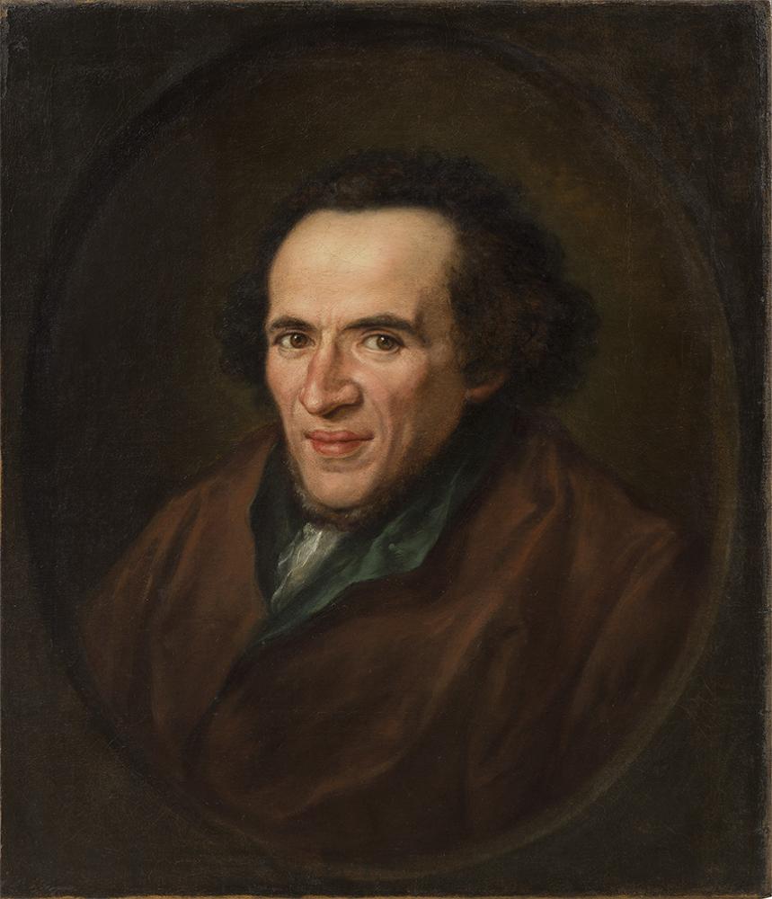 Oil painting: portrait of Moses Mendelssohn in semi-profile shown in a painted oval frame gazing towards the viewer