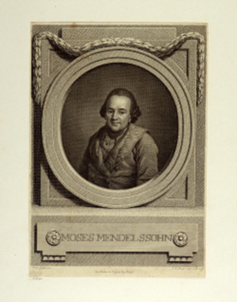 Mendelssohn-Portrait im runden Rahmen:  er trägt einen Gehrock und darunter eine Weste, die Haare klassisch im barocken Stil, seitlich über den Ohren aufgelockt