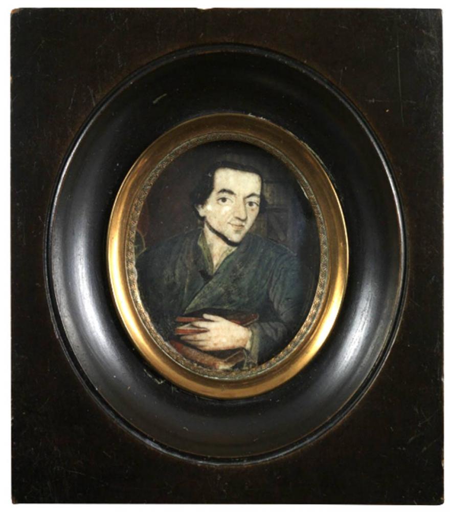Painted portrait of a young man with books in his arms, in an oval frame