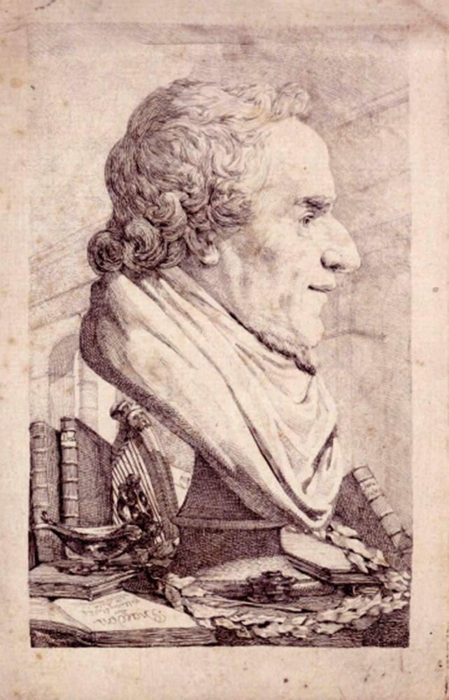 Drawing of a bust of Moses Mendelssohn, which is positioned in profile facing right, based on the marble sculpture Tassaert made of the philosopher in 1785