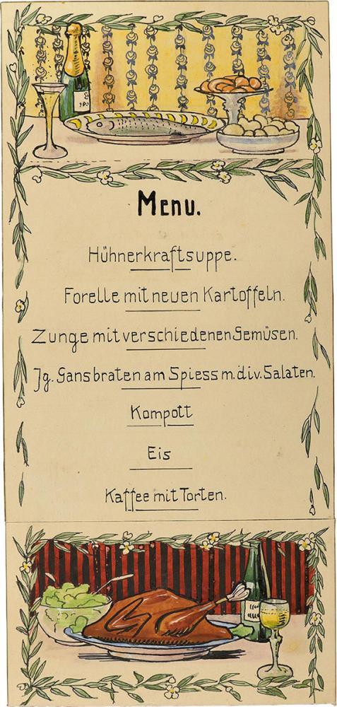 Menukarte mit gezeichneten Abbildungen. Im oberen Bereich ist ein Servierteller mit Fisch dargestellt, daneben ein gefülltes Champagnerglas. Im unteren Bereich ist der Gansbraten mit einer Salatschale abgebildet.  