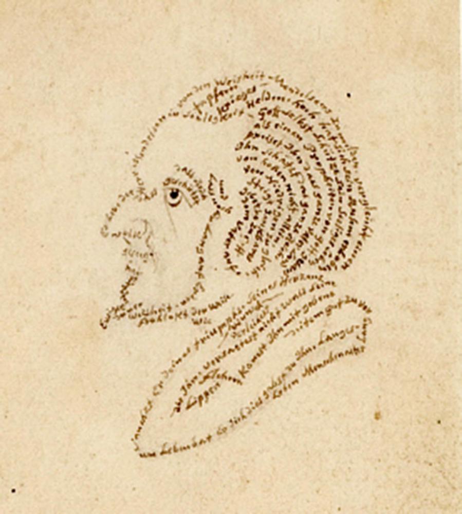 Portrait composed of writing (micrography), in profile facing left, with a goatee