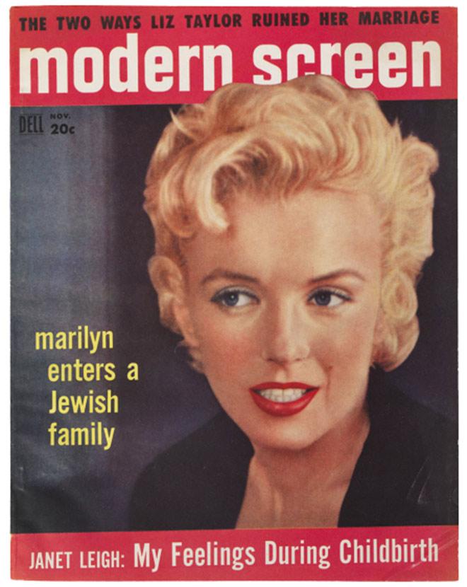 Magazine cover with a portrait of Marilyn Monroe and the title "marilyn enters a Jewish family"
