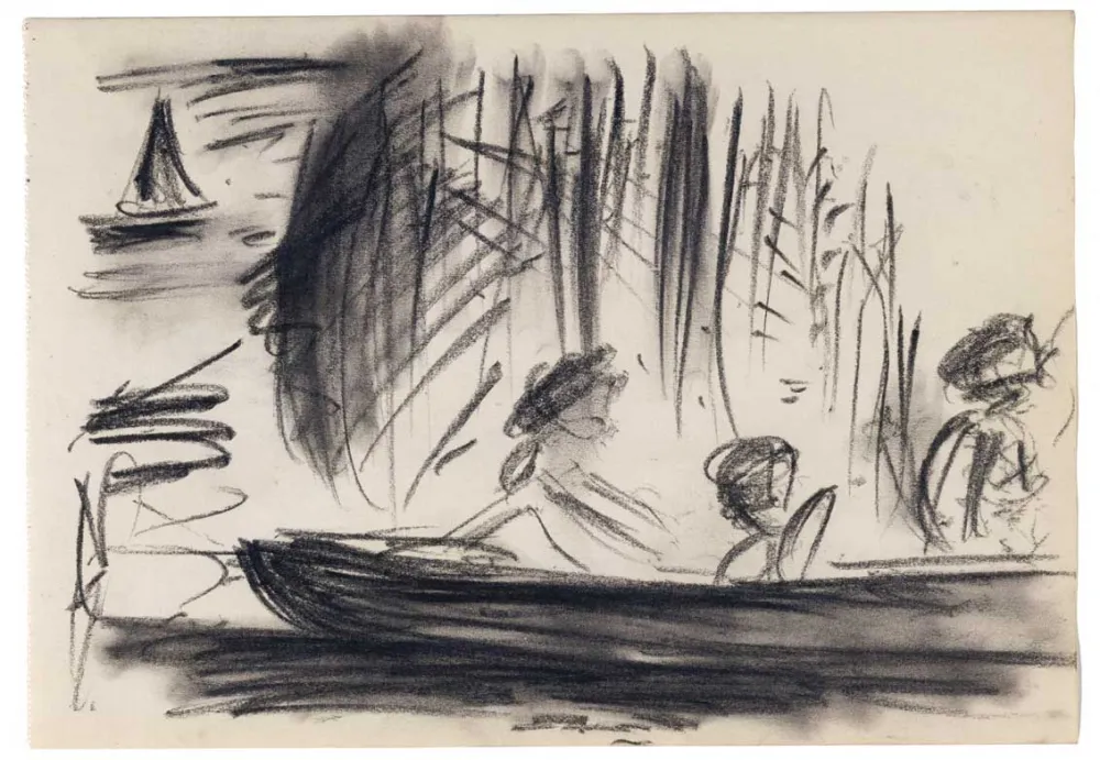 Charcoal drawing of three people in a boat.