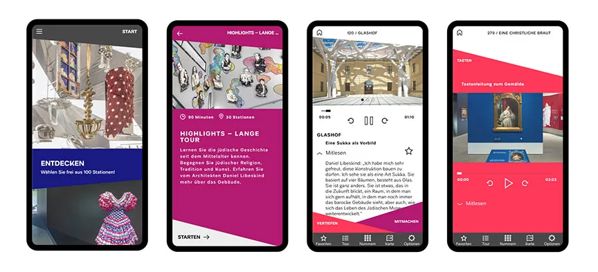 Das Bild zeigt Screenshots der neuen App mit Texten, Ausstellungsansichten und Objektfotografien.