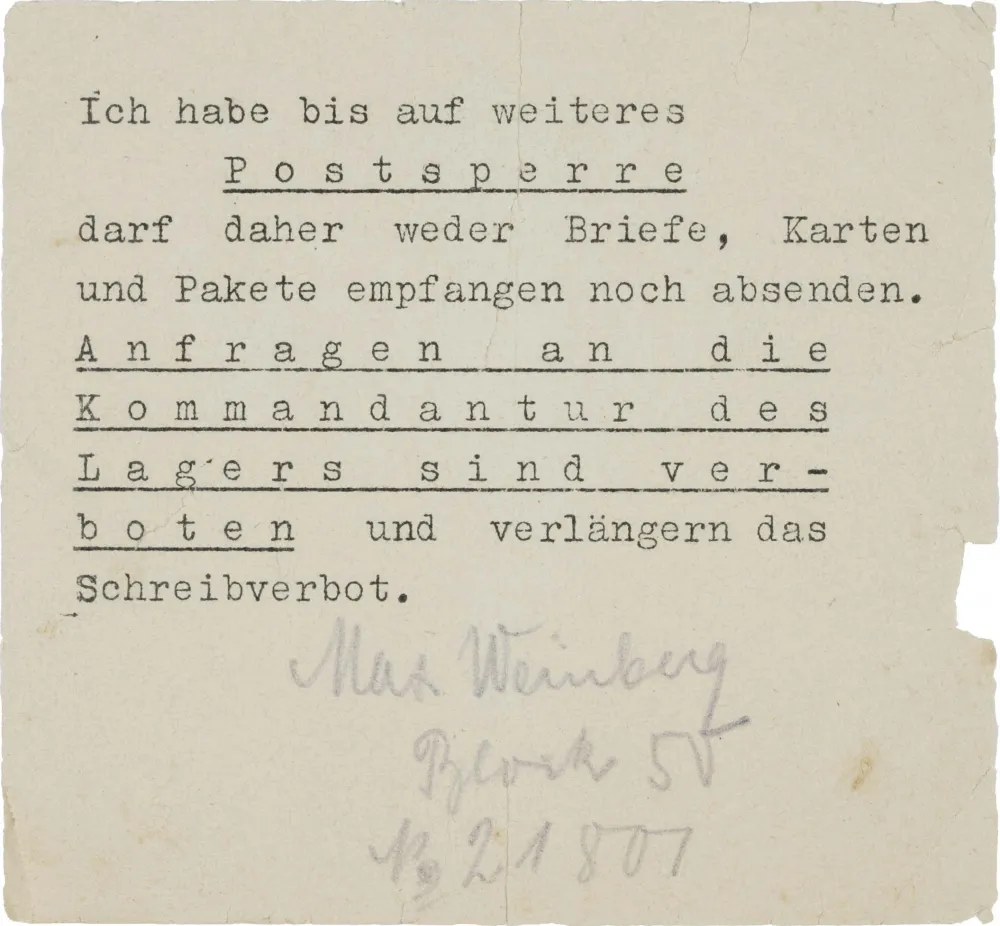 The text reads: “Until further notice, I am therefore not allowed to receive or send letters, cards or parcels. Requests to the camp commandant's office are forbidden and extend the writing ban. Max Weinberg, Block 50, No. 21807”