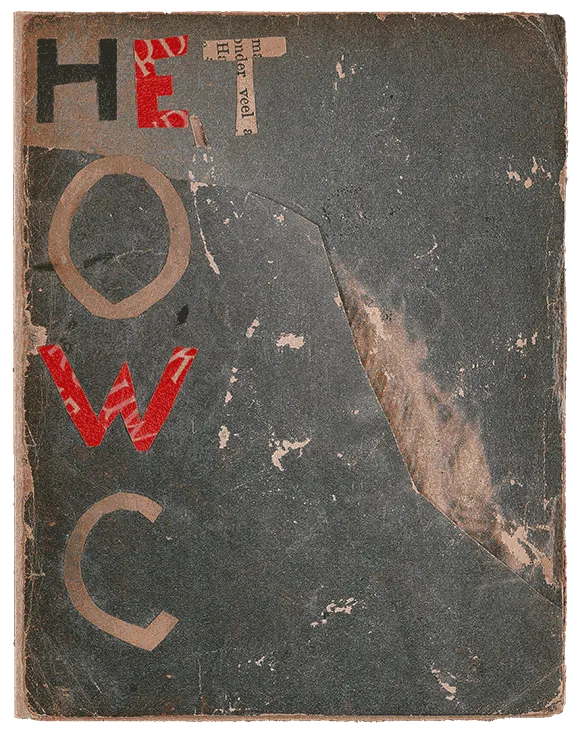 Heftcover mit Collagetechnik, auf dem in einzelnen Buchstaben Het OWC draufgeklebt sind.