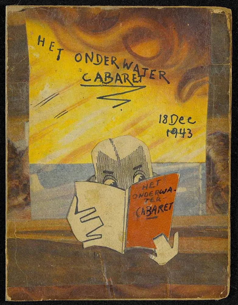 Painted magazine cover, a person reads in a magazine.