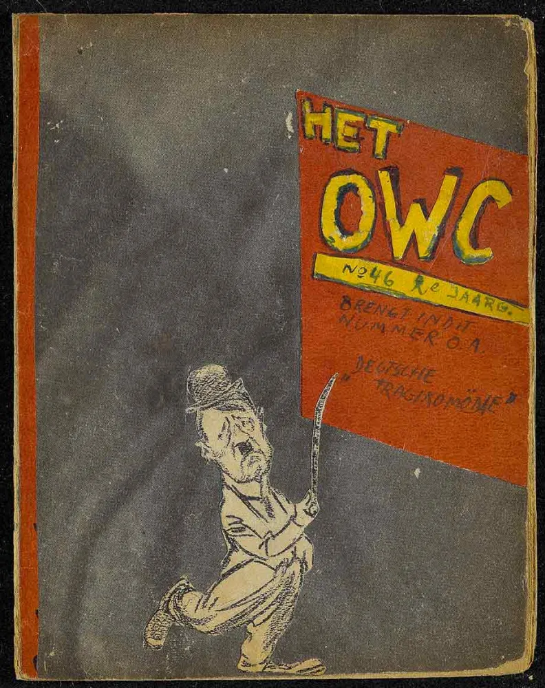 Painted magazine cover, a figure stands in front of a red sign.