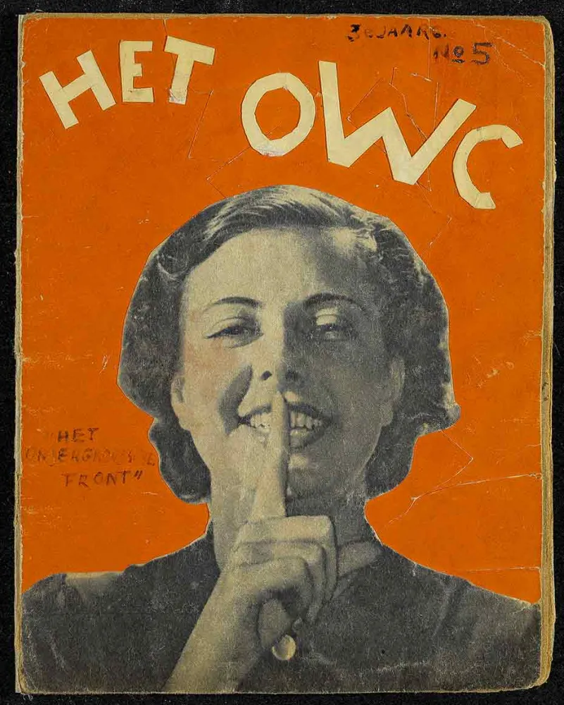 Magazine cover, the collage shows a young woman holding a finger in front of her mouth.