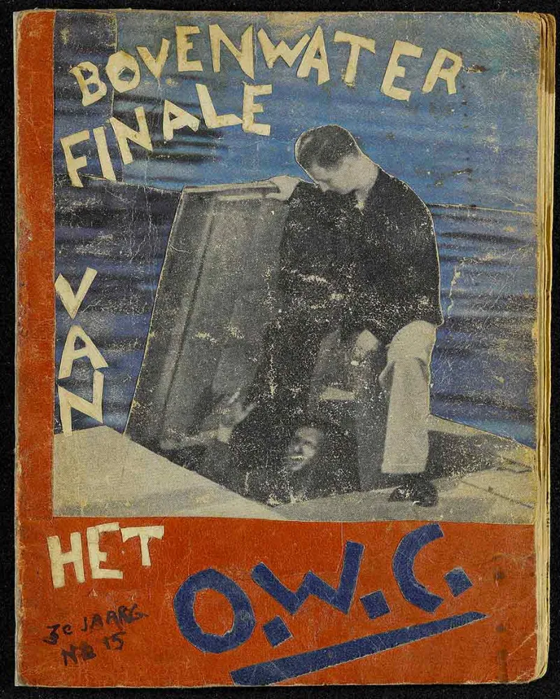 Magazine cover, the collage shows a man climbing out of a hatch in the floor.