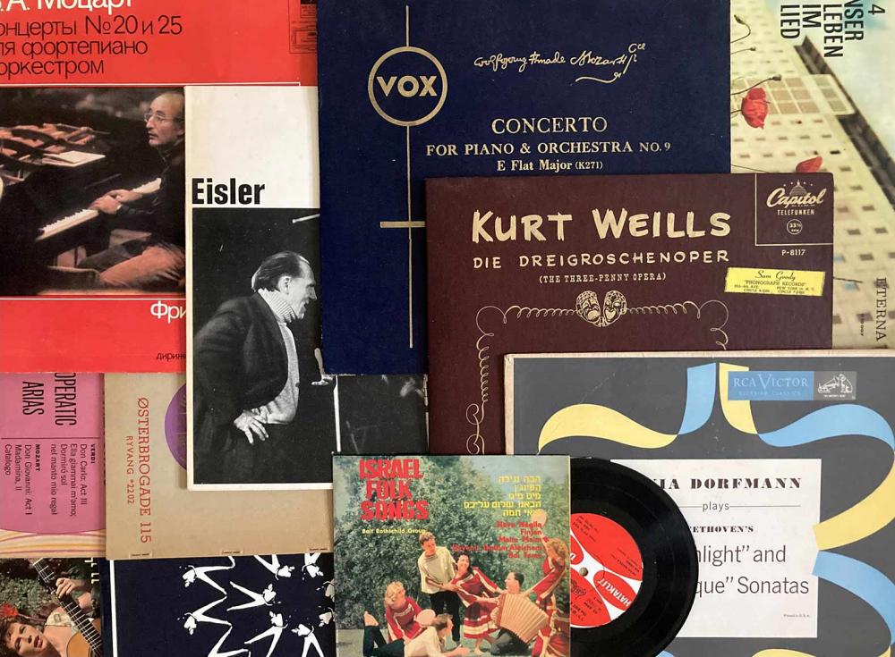 Overlapping record covers, e.g. of Kurt Weill's Threepenny Opera, Eisler, Israel Folk Songs, Concerto for Piano & Orchestra No.9.