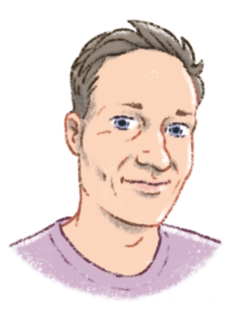 Drawn portrait of Florian Schmeling, smiling with short hair and a pale purple shirt.