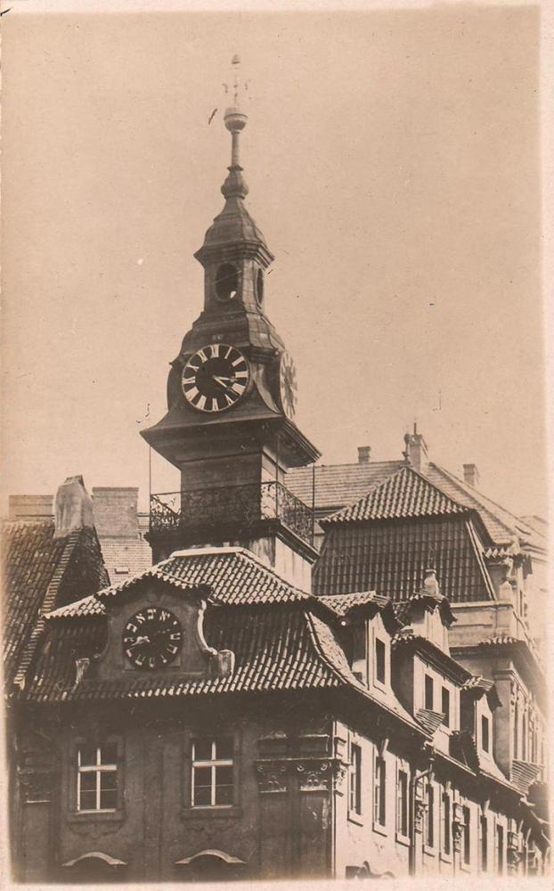 Black and white photograph of a town hall