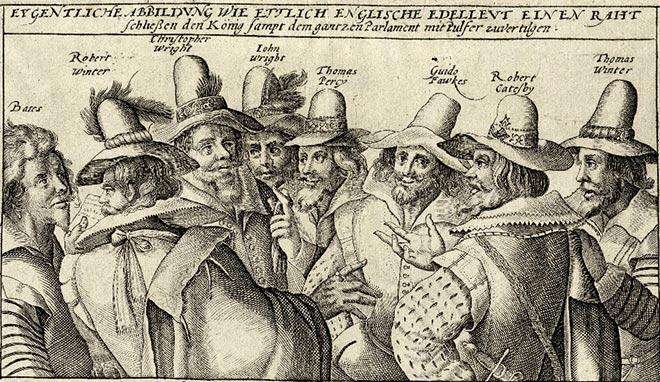 Copper engraving of eight English noblemen with hats discussing with each other with the title ""Actual illustration how several English noblemen decide to destroy the king together with the whole parliament with powder."