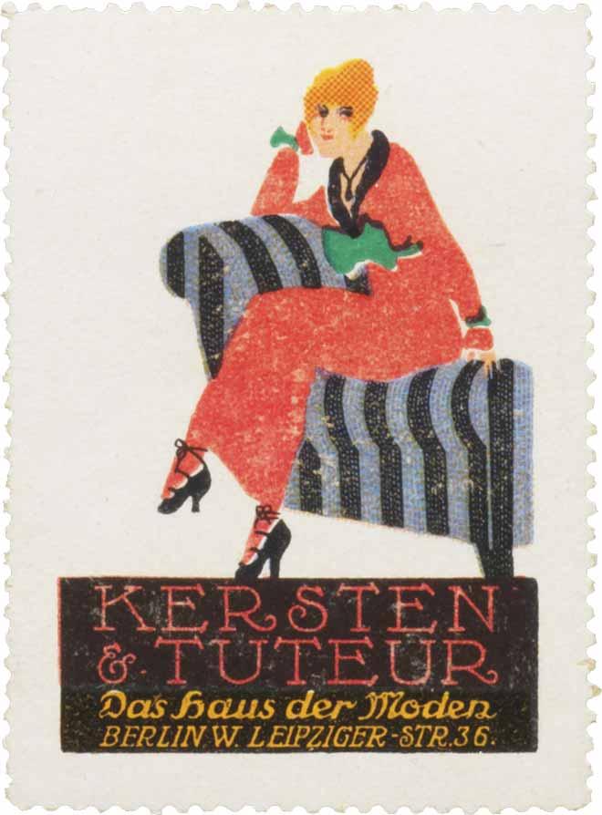 Stamp of an illustration of a blonde woman wearing heels and a long red dress sitting on a striped couch