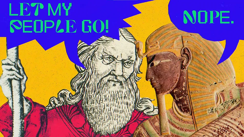 Film still from the animated film “Passover. A toast to freedom": the characters Moses and Pharaoh face each other. There are two speech bubbles. Moses says: Let my people go! Pharaoh says: Nope.