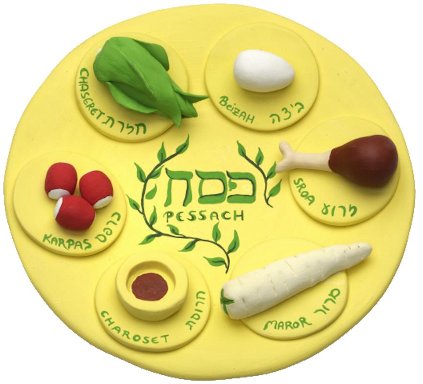 Gelber Ton-Teller mit verschiedenen Kräutern und Gemüse, hebräisch beschriftet