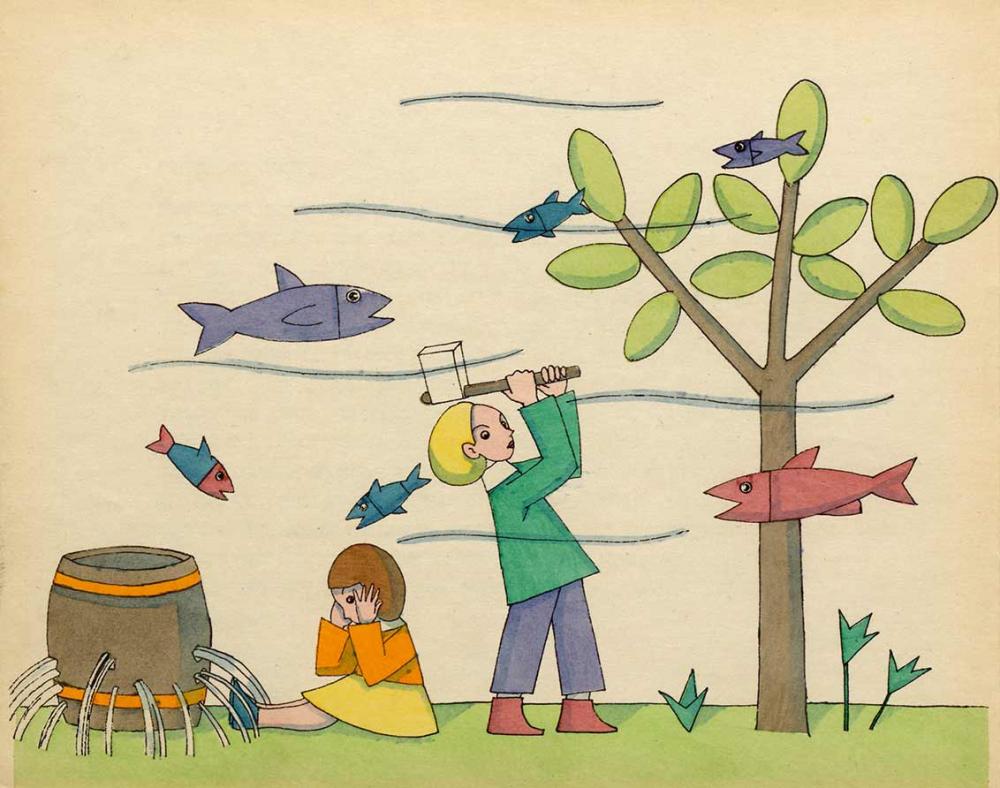 Zeichnung zweier Kinder: Eins sitzt vor einem Fass mit vielen Löchern, aus denen Wasser strömt, eines schwingt eine Axt zu einem Baum, all das scheint unter Wasser stattzufinden, da Wellen und Fische durch die Luft schwimmen