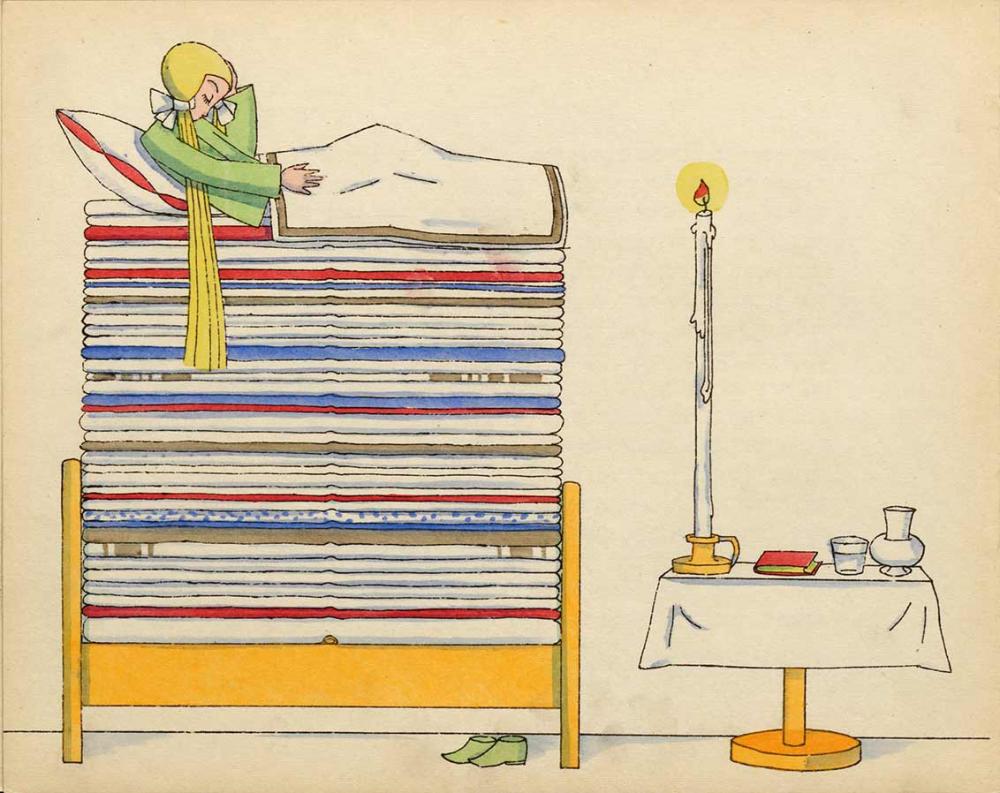 Drawing of a girl in a bed with lots of mattresses and a pea under the bottom one. Next to this is a table with a long candle on it