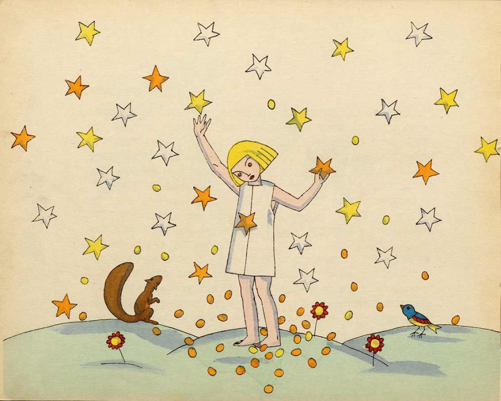 : Illustration of a child in a nightgown among lots of falling stars, which the child is grasping in its hands; next to the child there’s a squirrel and a small bird