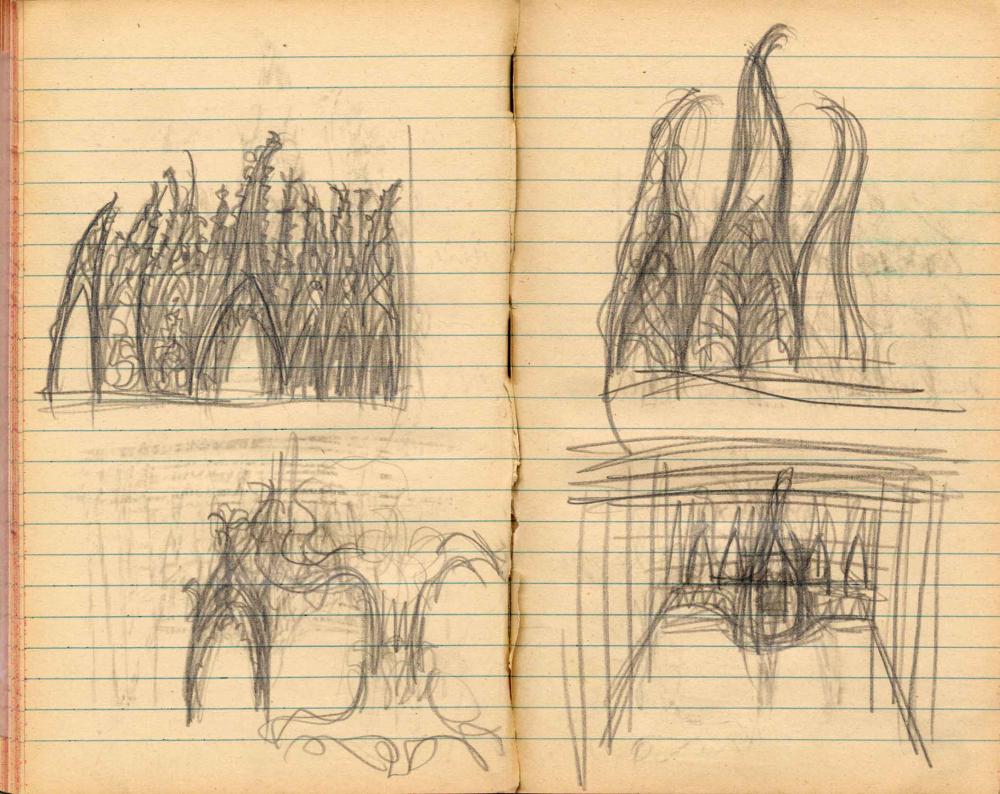 Opened lined sketchbook by Marlene Moeschke-Poelzig with four architectural pencil sketches.