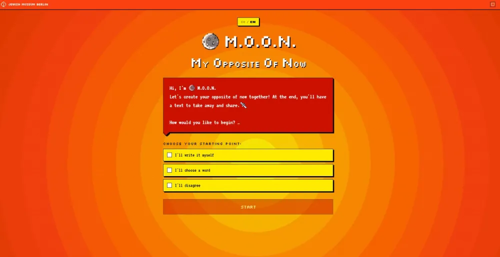 Screenshot einer Website: im Hintergrund konzentrische Kreise deren Orange nach au&szlig;en hin immer dunkler wird, im Vordergrund der Einstieg die Chat-Anwendung "M.O.O.N. - My Opposite Of Now".