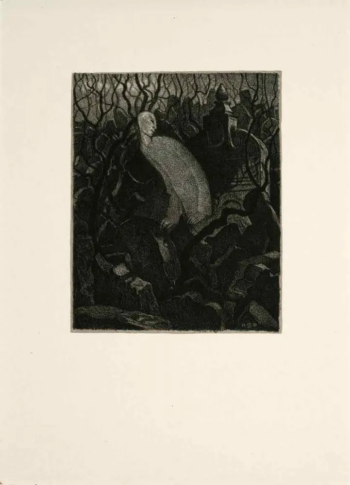 Black and white lithography of a figur on a cemetery