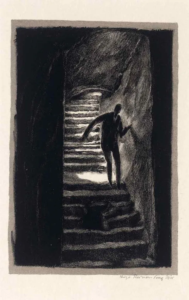 Black and white lithography of a figur on a dark staircase