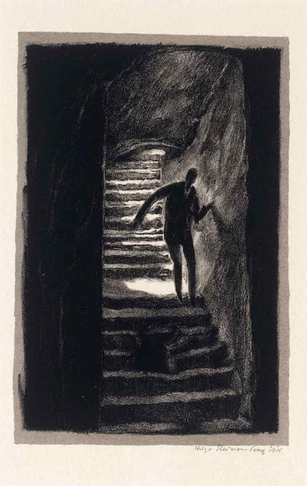 Schwarz-weiß-Litographie einer langen leicht gekrümmten Treppe, auf der sich eine lange hagere männliche Gestalt hinunter tastet, deren Züge im Dunklen liegen