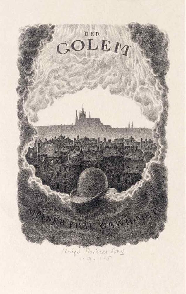 Black and white lithography of a hat in front of the city of Prague