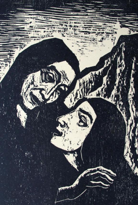 Black and white print of a woodcut: faces of two women with head scarves in profile, the younger one looks up at the older one, in the background a mountain