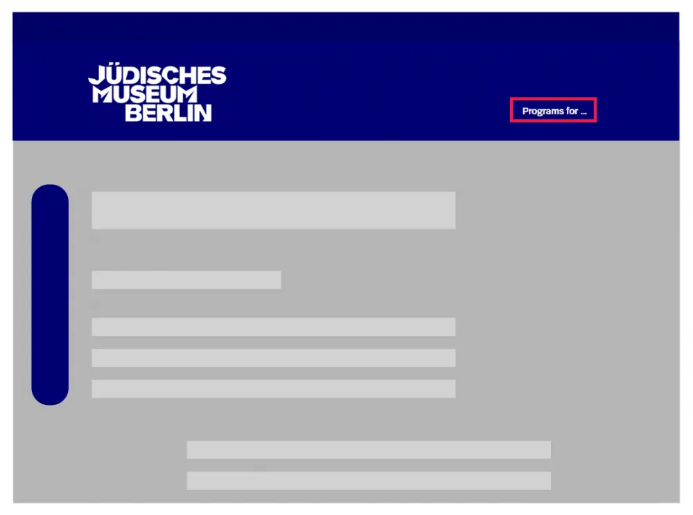 Schematic illustration of the English website with the &ldquo;Programs for &hellip;&rdquo; menu highlighted in the upper-right corner.