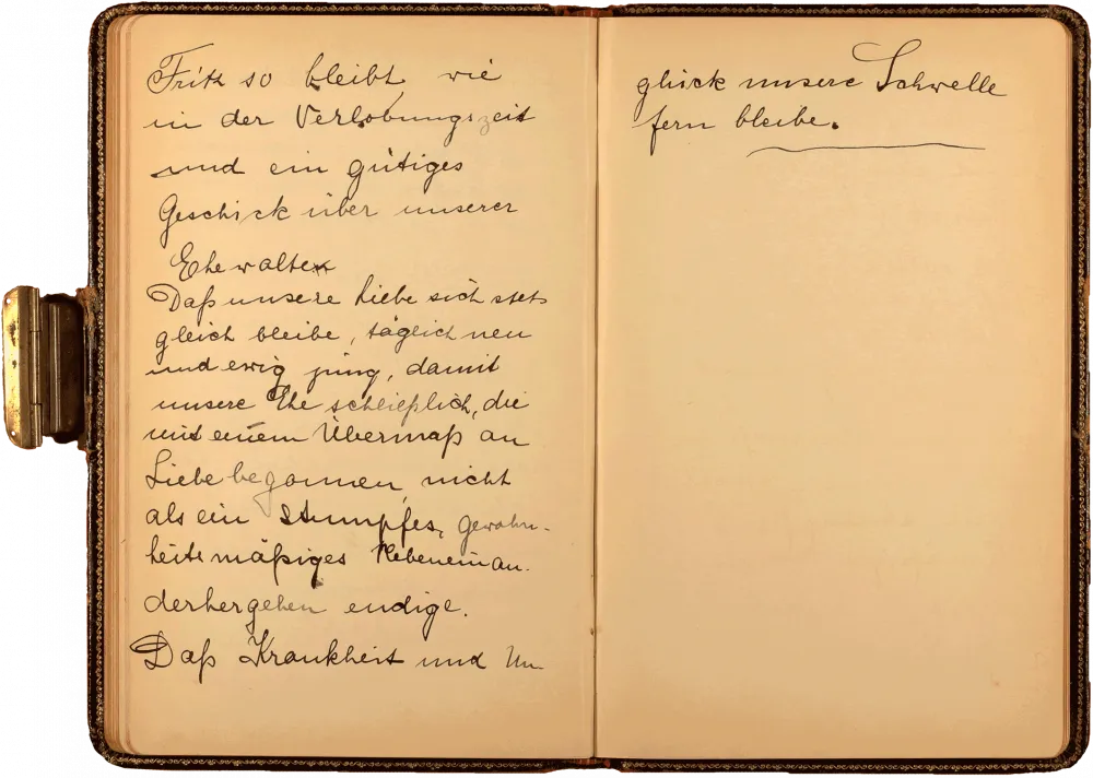 Aufgeklappte Tagebuchseite, die linke Seite und der obere Teil der rechten Seite sind bedeckt mit in schwarzer Tinte geschriebenem handschriftlichem Text.