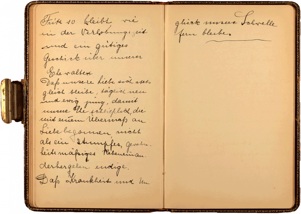 Aufgeklappte Tagebuchseite, die linke Seite und der obere Teil der rechten Seite sind bedeckt mit in schwarzer Tinte geschriebenem handschriftlichem Text.