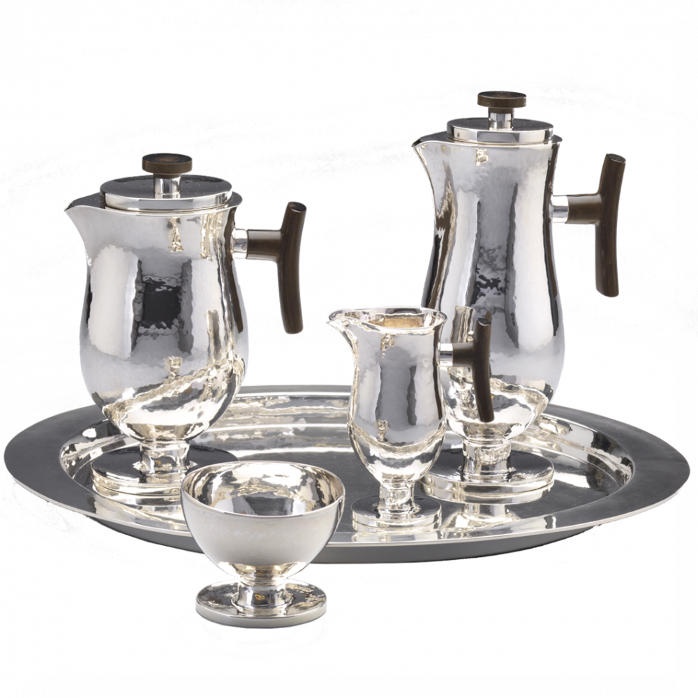 Silver coffee and tea set consisting of coffee pot, teapot, creamer, sugar bowl and tray