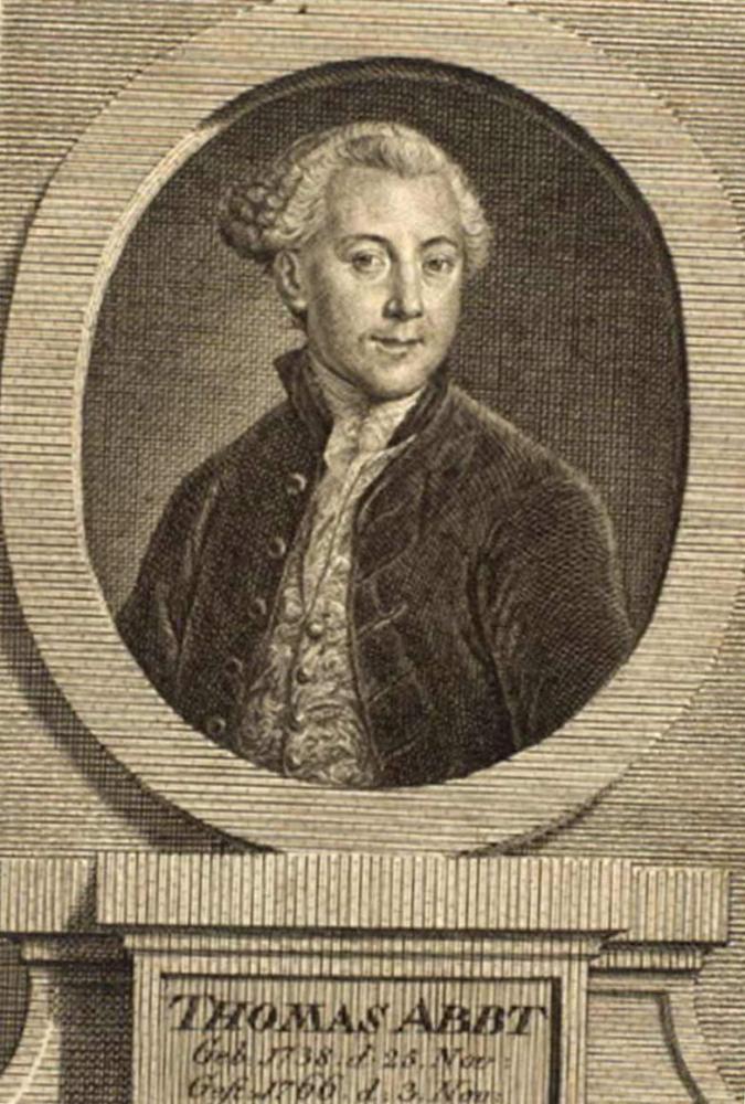 Kupferstich: Porträt eines Mannes im gezeichneten ovalen Rahmen, darunter ein gezeichneter Sockel mit der Inschrift „THOMAS ABBT, Geb: 1738. d: 25. Nov., Gest: 1766. d: 3. Nov“
