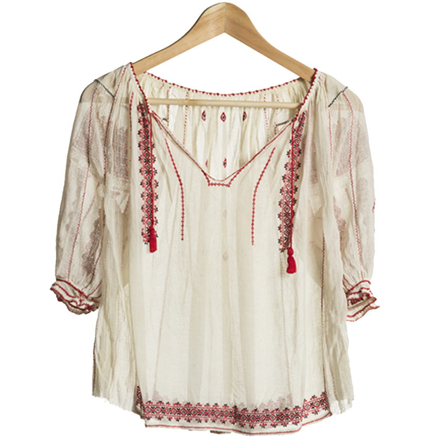 White rather plain blouses, in front view, with red embroidery