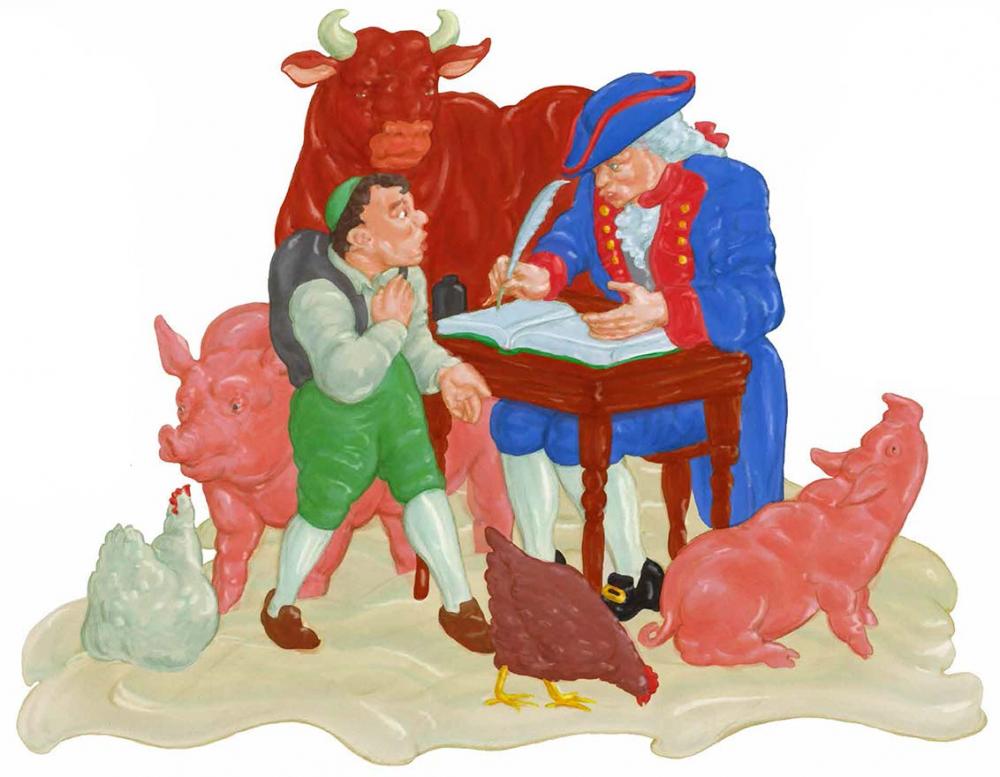 Scene from a graphic novel: a boy faces a man in Prussian dress sitting at a desk and writing in a book with a quill, alongside two pigs, two chickens, and an ox