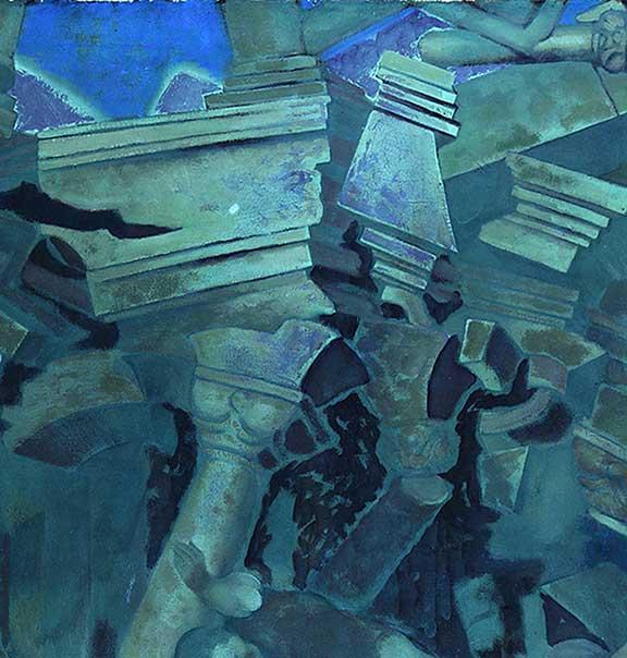 Close up of painting Samson II in blue tones