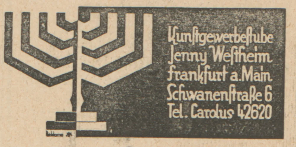 Sepia-colored advertisement for Jenny Westheim's arts and crafts shop in Frankfurt am Main. A Hanukkah chandelier can be seen on the left.