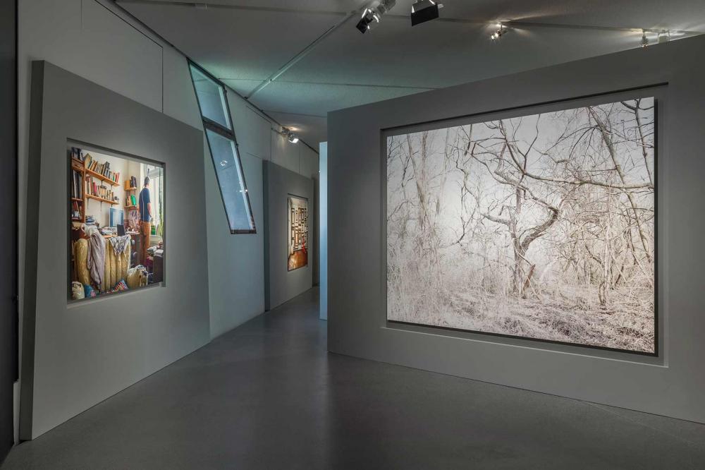 Two large-format photographs in an exhibition room with the inclined windows of the Libeskind building: one shows a man from behind in a study, one a landscape with wintry bare trees